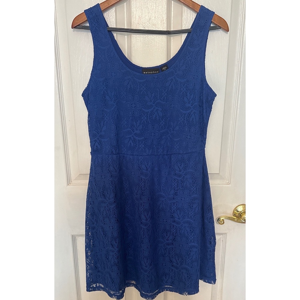 Metaphor Lace Fit and Flare Dress Womens Medium Blue Excellent Sleeveless Floral
